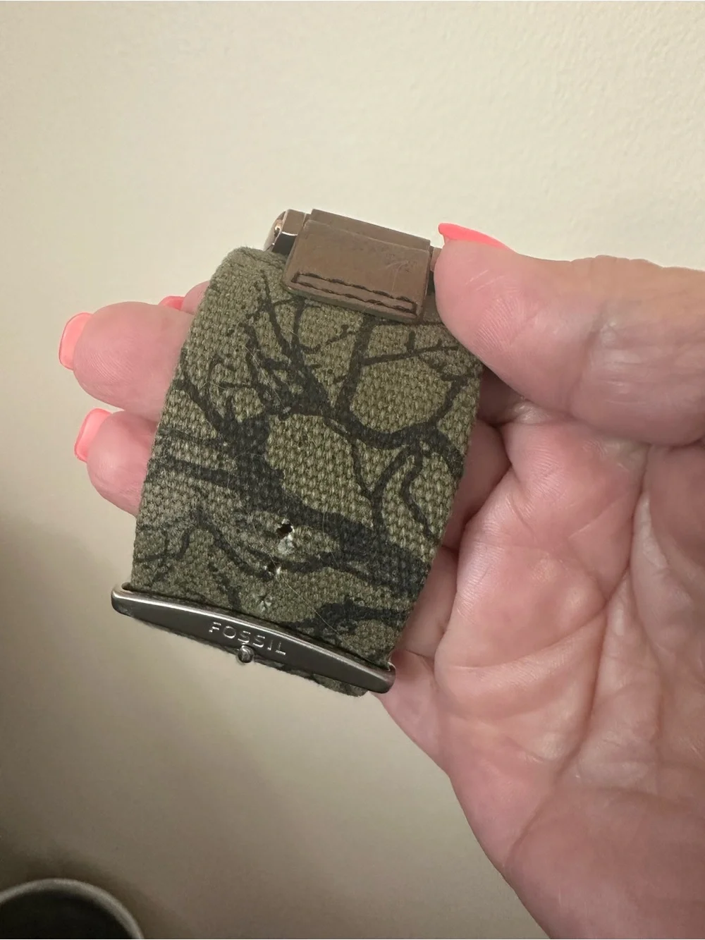 Fossil Olive Green Canvas Watch Strap with Black Camo Print